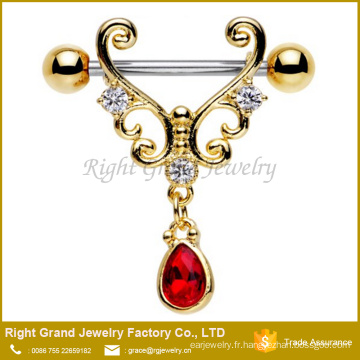 Chirurgicales en acier Barbell plaqué or clair rouge goutte Dangle téterelle bijoux Piercing